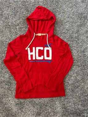 Hollister Red Hooded Light Sweater with White Logo and Blue Accent